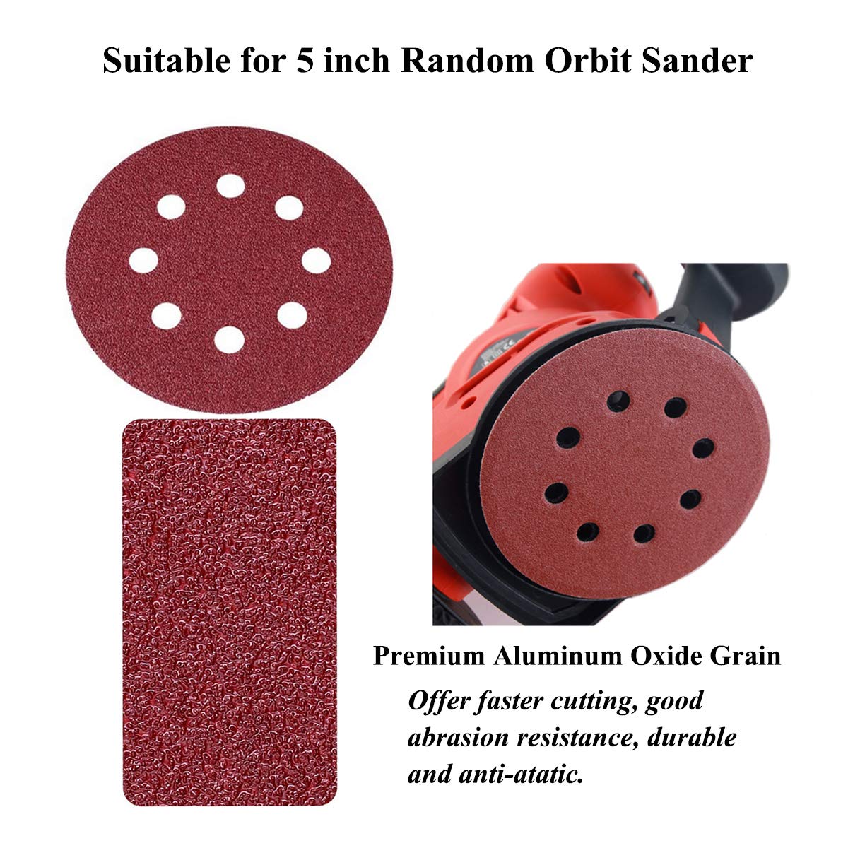 5-Inch 8-Hole Hook and Loop Sanding Discs, 40/80/120/180/240/320/400 Assorted Grits Sandpaper for Random Orbit Sander, 105-Pack