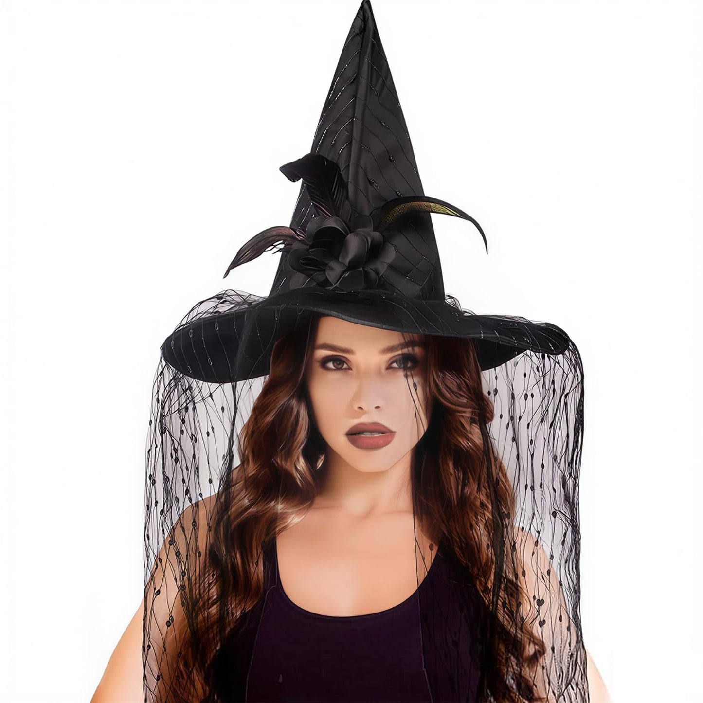Suwaoo Halloween Witch Hat - Lace Halloween Costumes Outfit for Women, Witches hats for Women Adult Attached Veils Cosplay Costume Halloween Accessories for Decorations, Standard, Black