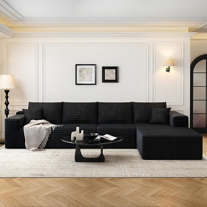 135.4" Cloud Modular Sectional Sofa Couch with L-Shape Chaise,Modern Minimalist Upholstered Couches for Living Room Bedroom,Deep Seat Corner Couch，No Assembly Required (Black,Right Facing Chaise)