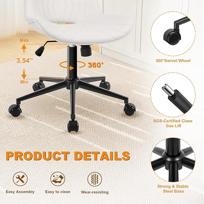 VATROS Office Chair, Armless Desk Chair with Wheels, Ergonomic Comfy Home Office Computer Task Chairs, Faux Leather Padded Cute Vanity Chair, Adjustable Height Swivel Chair with Back,White