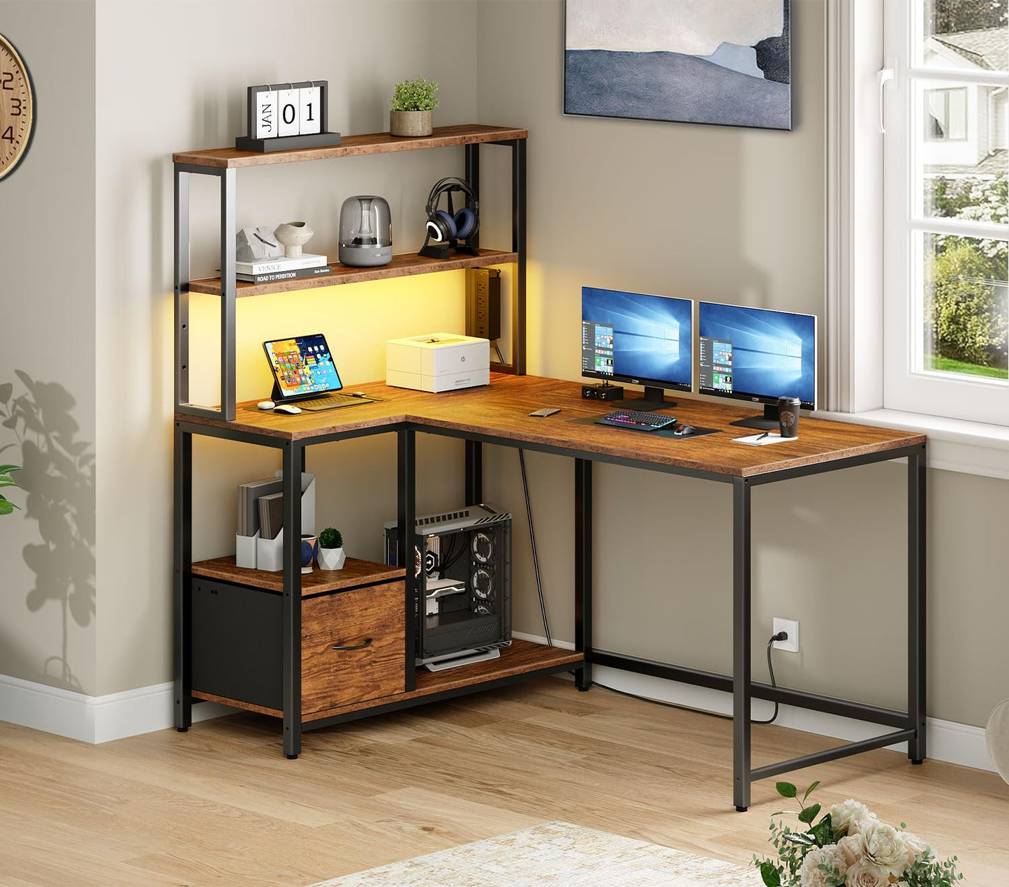 HOOBRO L Shaped Gaming Desk, 46 Inch Reversible Computer Desk with LED Light & Power Outlet, Office Desk with Storage Shelves & Drawer, for Home Office, Study, Rustic Brown and Black BF18UDDN01