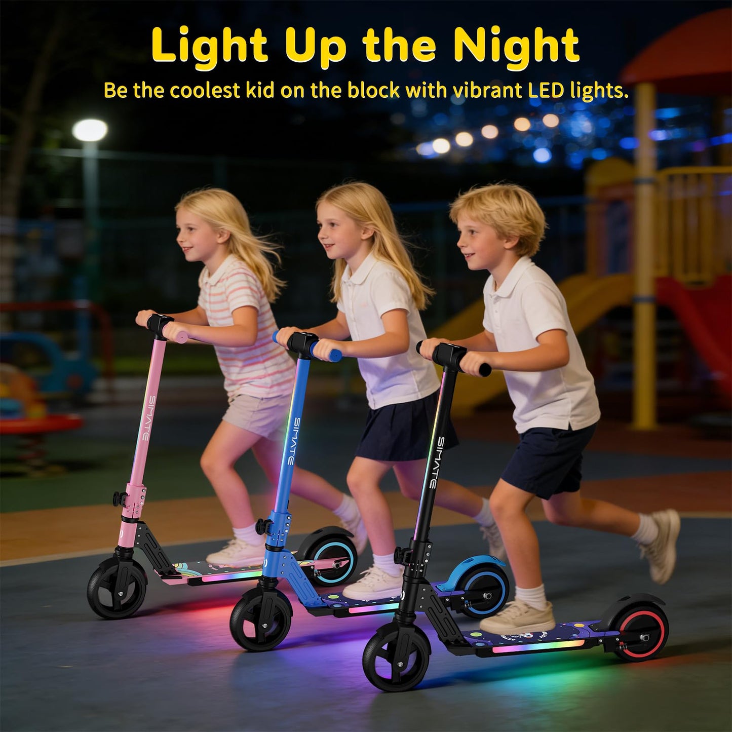 SIMATE Electric Scooter for Kids, Motorized E-Scooters with Colorful Front Light and Pedal Lights, LED Display & Foldable, Dual Braking System, Top 8.7mph & 5 Miles, Gifts for Kids, Girls, Boys, Teens