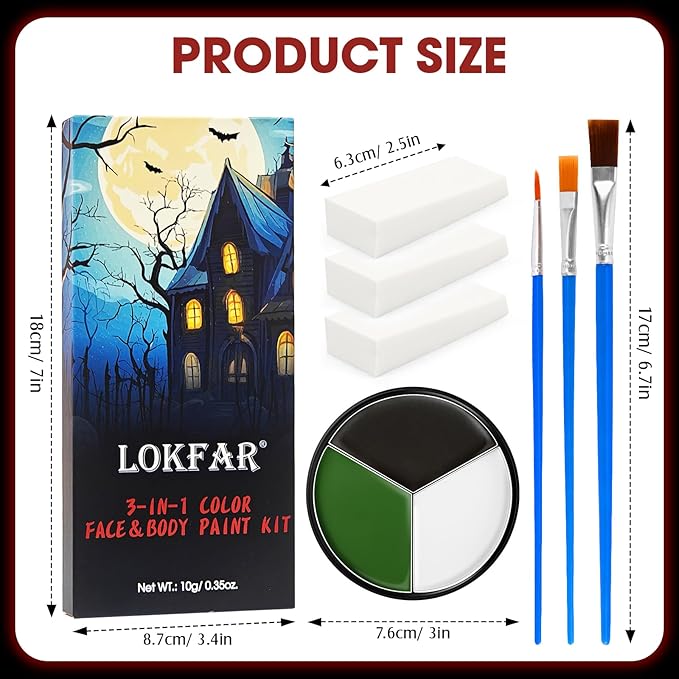 Black White Green Face & Body Paint - Blendable Facepaint Foundation with Sponge & Brush for Skin, Professional Halloween Face Make-up Kit for Grinch Shrek Alien Frankenstein Wicked Witch Costume
