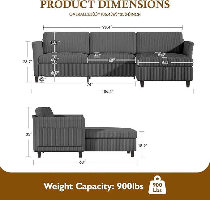 Valthie Convertible Sectional Sofa,Corduroy L-Shaped Couch with Reversible Storage Chaise,3-Seater Sofa with Side Pocket for Living Room,Bedroom and Office, 106.7",Grey