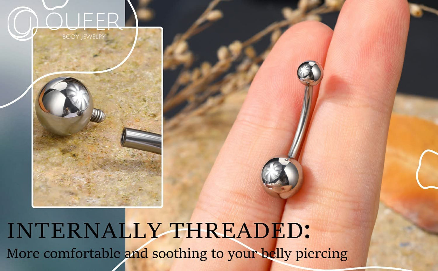 OUFER Titanium Belly Button Rings, Internally Threaded 14mm Long Belly Ring, Round CZ Navel Rings for Women Men (Silver Ball)
