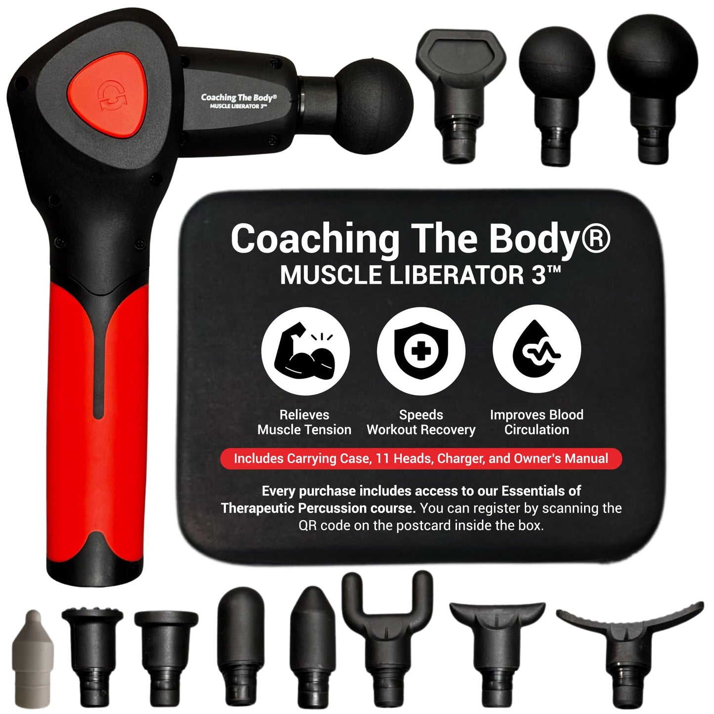 Coaching The Body Muscle Liberator 3 – Quiet, Portable Massage Gun with 4-Position Rotating Head, 16 Selectable Speeds & CTB Silicone Trigger Point Head – Rechargeable, 4-25 Hours Battery Life, 2.5lb