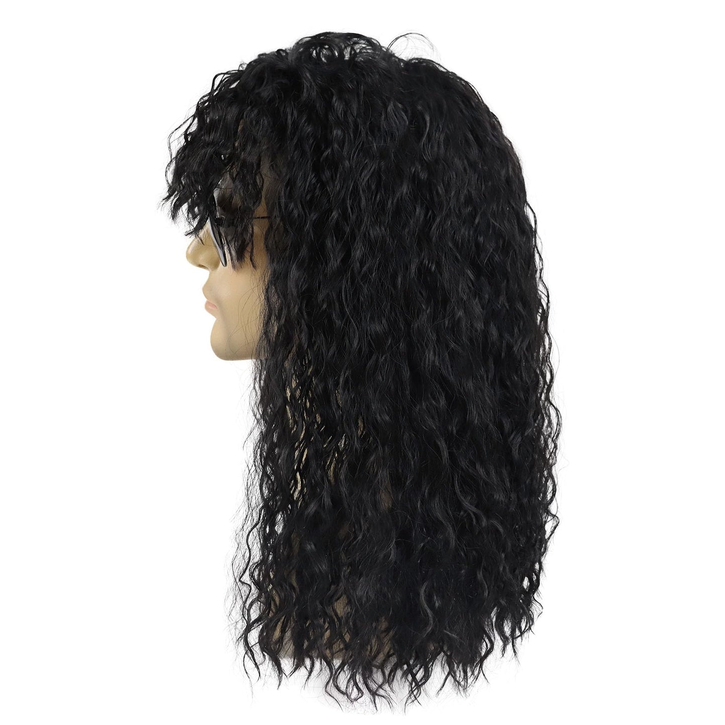 GNIMEGIL Cool Long Curly Synthetic Wig for Men in Jet Black - Retro Rock Style Halloween Costume Roleplay Black Curly Wig Deep W