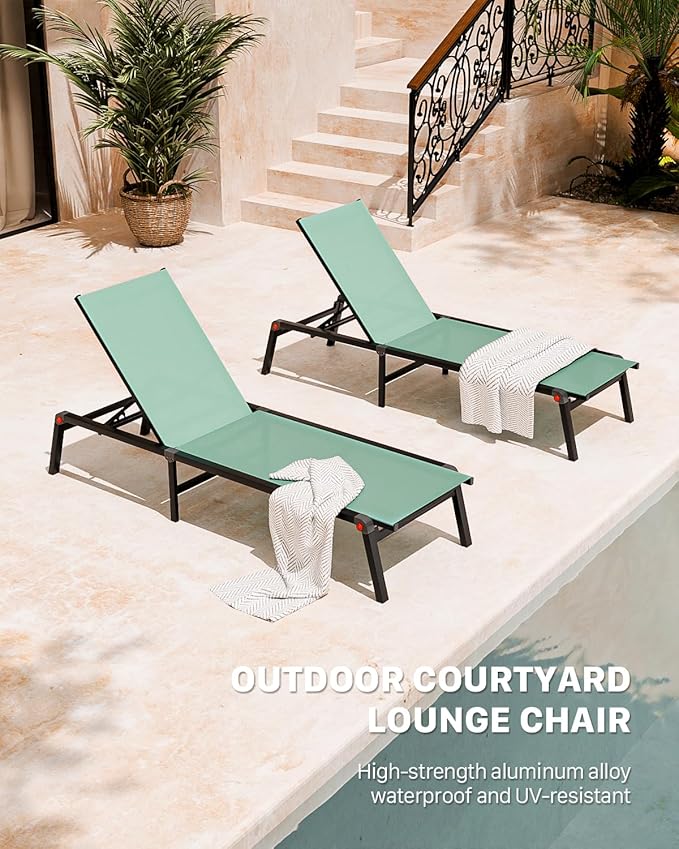 WOAJNQO Aluminum Patio Chaise Lounge Chair Set of 2 with Side Table,5-Position Adjustable Backrest,Foldable Lounge Chair Outdoor,Pool Lounge Chairs for Poolside,Lawn,Deck,Beach (Green, 2 Pack+Table)