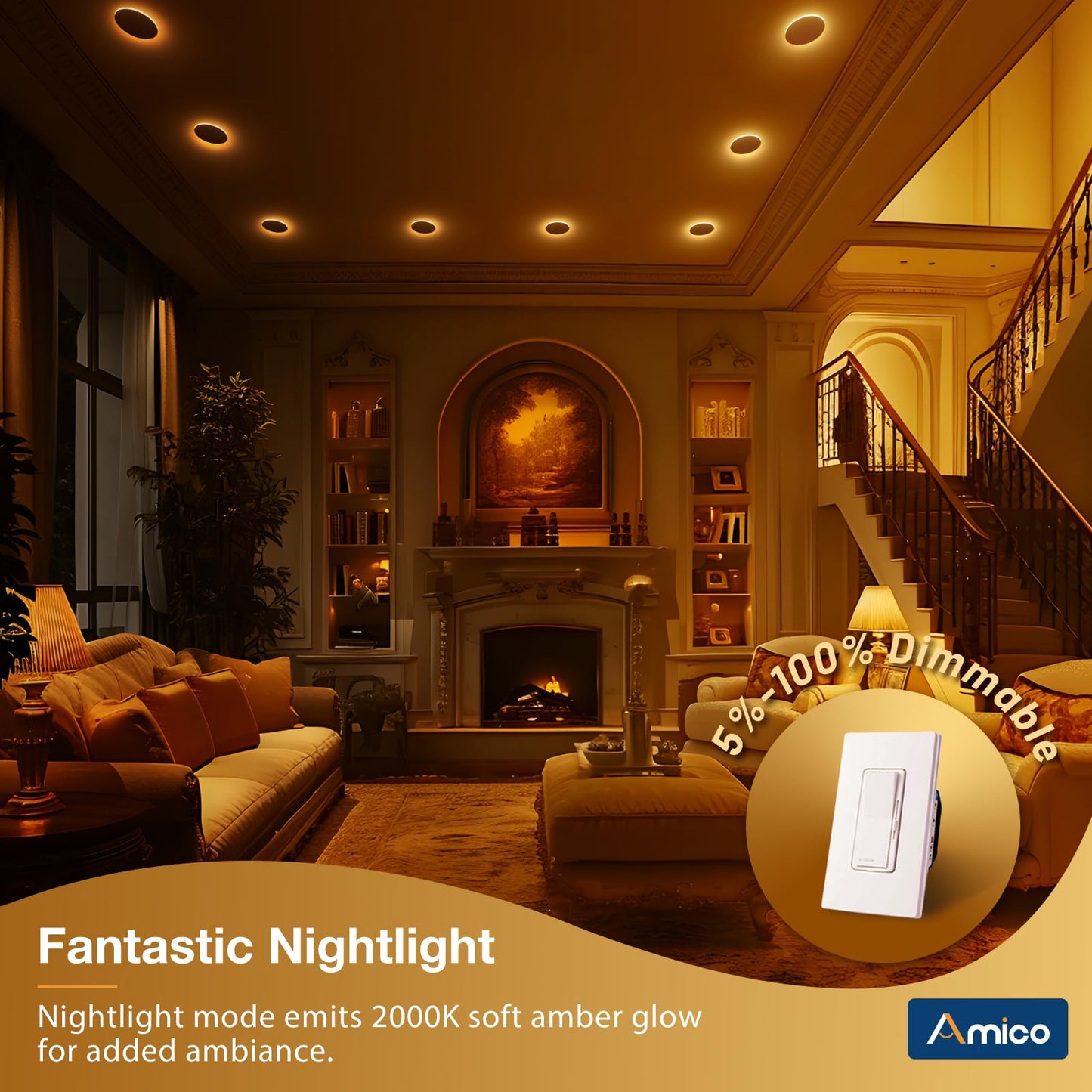Amico 24 Pack 6 Inch 5CCT LED Recessed Ceiling Light with Night Light, 2700K/3000K/3500K/4000K/5000K Selectable Ultra-Thin Recessed Lighting, 12W=110W, 1100LM, Dimmable Canless Wafer Downlight ETL&FCC