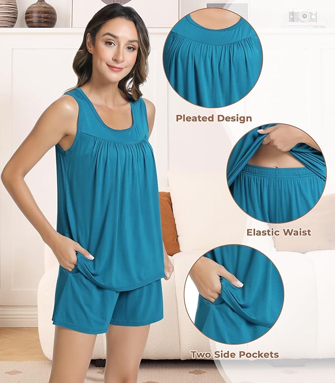 NACHILA Pajamas for Women-Viscose from Bamboo, Ribbed Racerback Tank Top Sexy Split Shorts Pajama Sets Cooling Sleep Cami Pjs