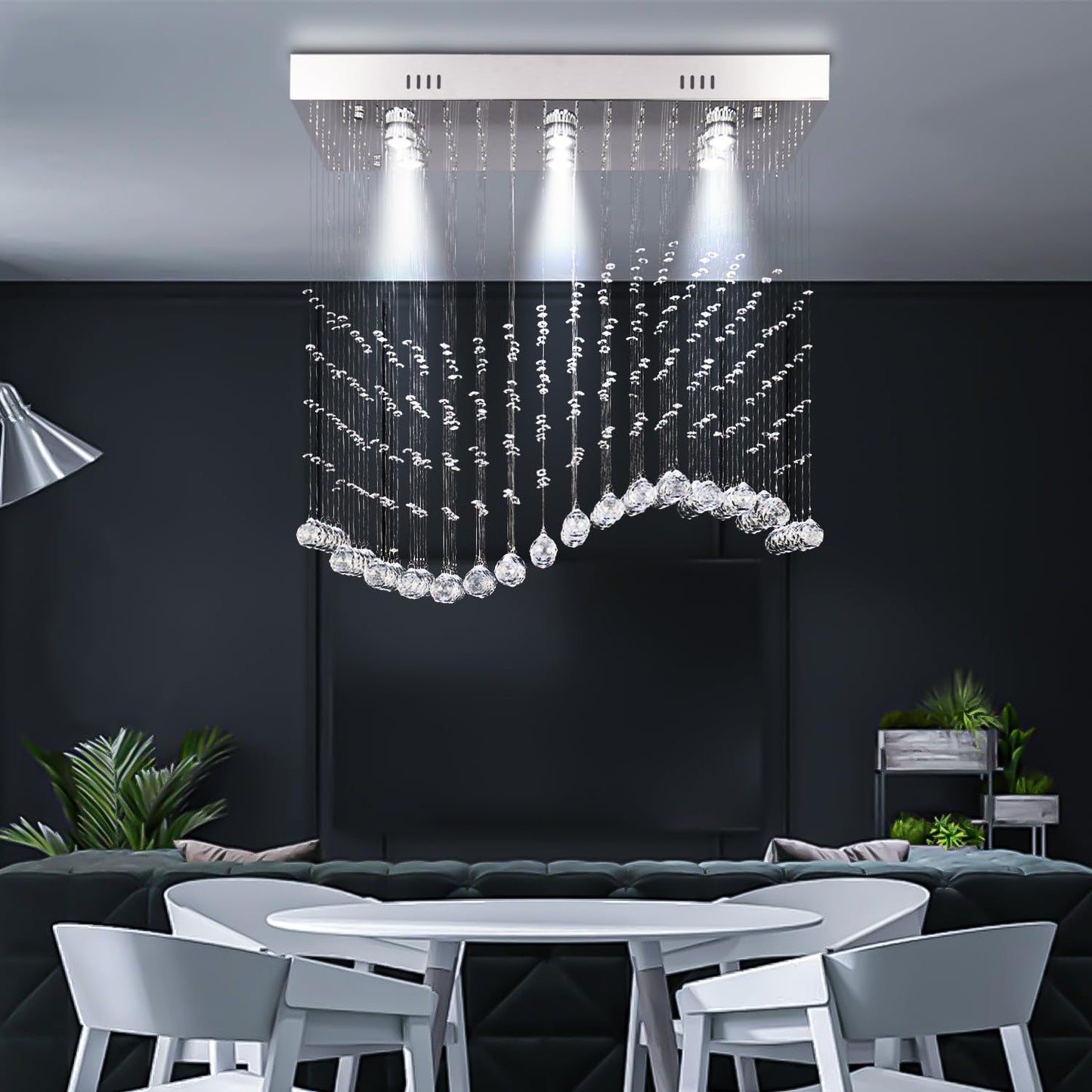 Finktonglan Linear Crystal Chandelier for Kitchen Island, 31.5'' Rectangular K9 Crystal Island Chandelier, 6-Light GU10 Height Adjustable Modern Dining Room Ceiling Light