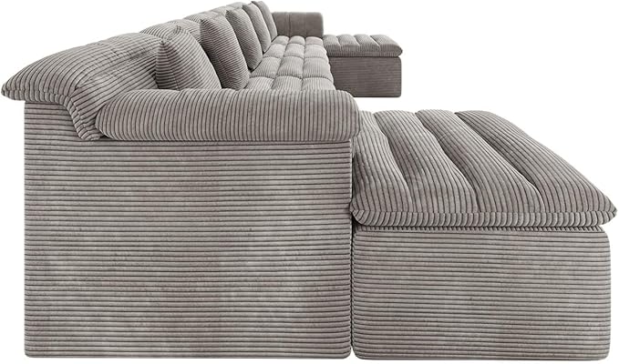 SUNG7 172" Modular Sofa with Ottoman, Boneless Cloud Couch with Deep Seat, Comfy U-Shape Corduroy Couches for Living Room, No Assembly Required, Light Gray