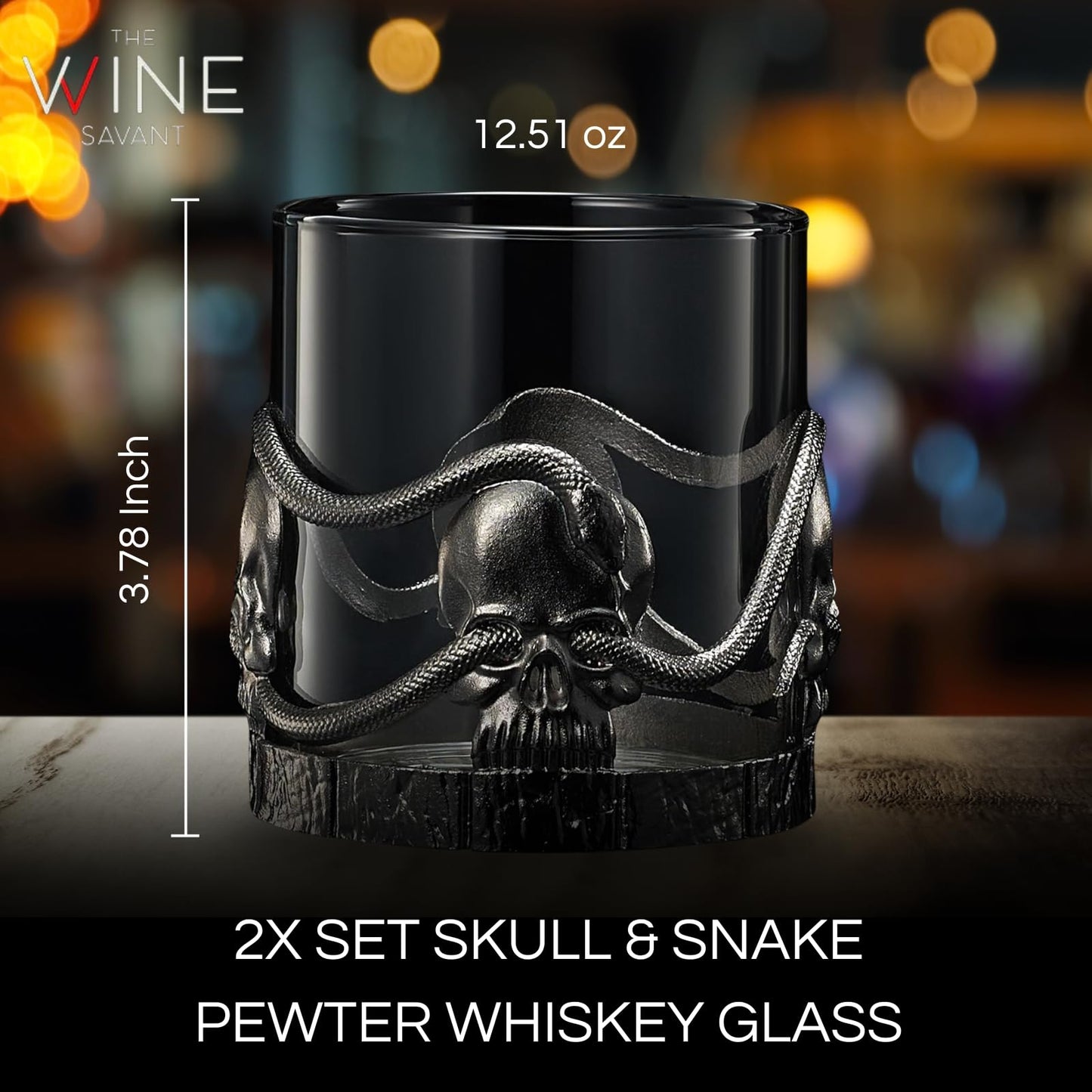 Skull & Snakes Pewter 2x Set Whisky Glasses, Whiskey, Wine, Beer & Water -12.5oz - Water, Rum, Brandy & Scotch, Elegant, Goth Gift Spooky Crystal Cup, Gifts Men & Women, Old Fashioned Skulls Glass
