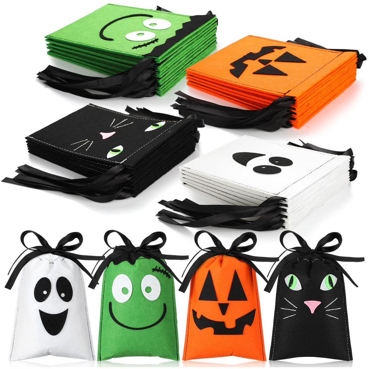 Sweetude 24 Pcs Halloween Felt Treat Bags 5 x 7'' Handmade Pumpkin Ghost Candy Goodie Gift Bags with Drawstrings Trick or Treat Halloween Party Favors Supplies