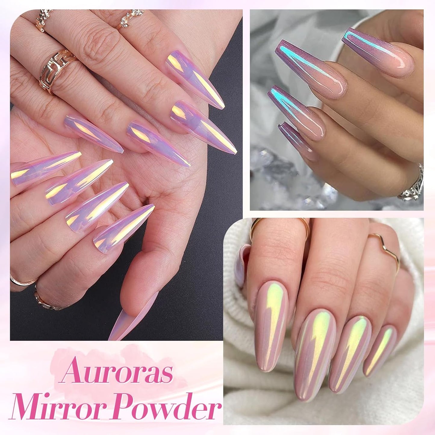 Born Pretty Chrome Nail Powder Metallic Mirror Effect Pigment Iridescent Mermaid Pearl Auroras Nail Powder Glitter Dust Kit for Gel Polish Nail Art Decoration