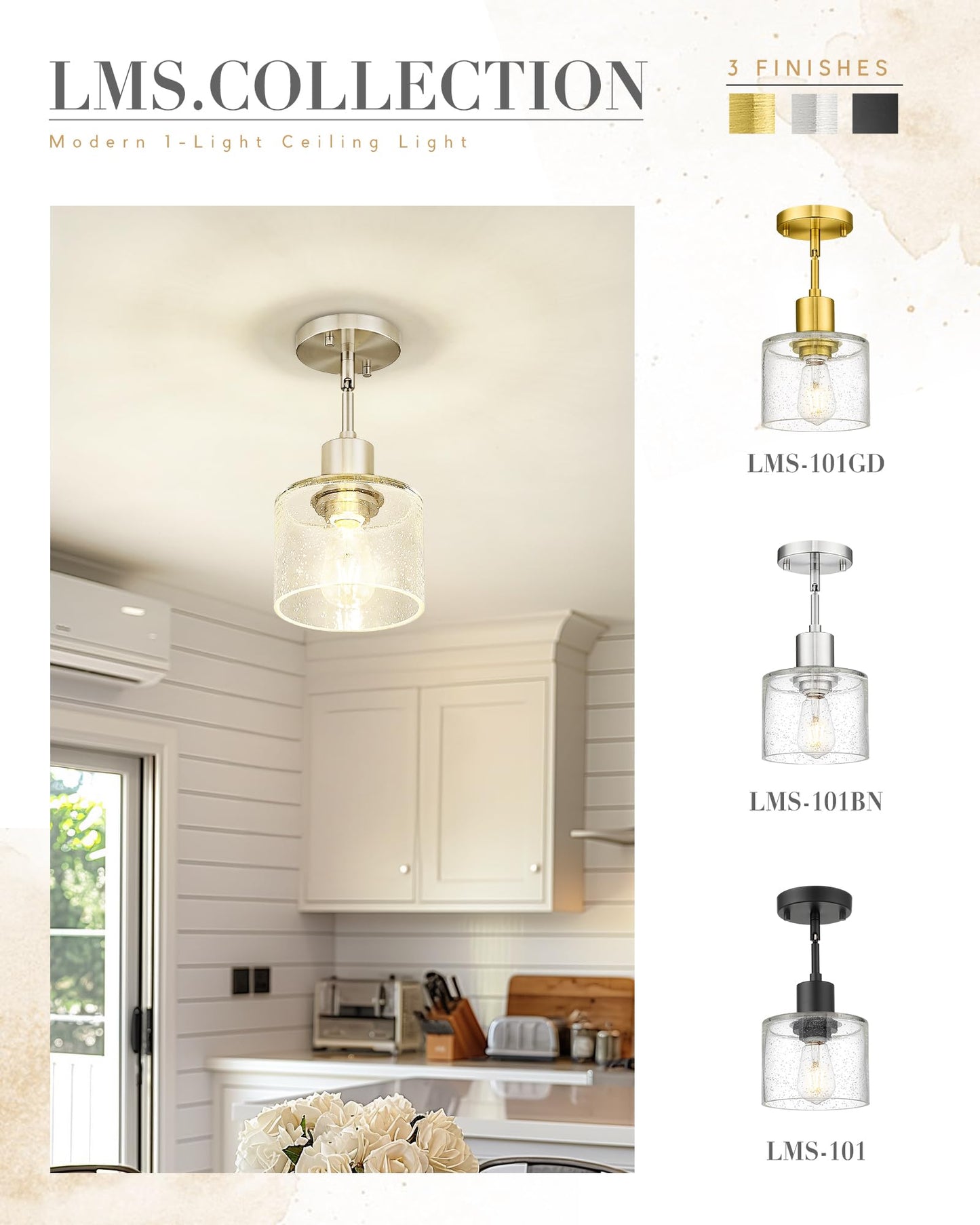 LMS Industrial Semi Flush Mount Ceiling Light, Brushed Nickel 1-Light Close to Ceiling Light with Seeded Glass Shade, Modern Ceiling Lmap for Hallway Corridor Kitchen, LMS-101BN
