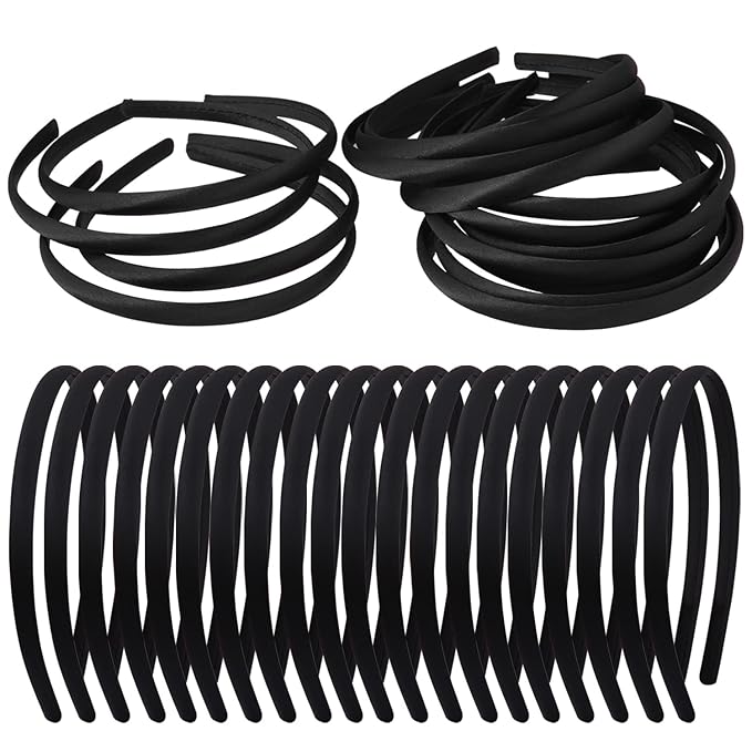 Zifengcer 20 PCS Black Satin Covered Headbands for Girls Women Christmas Plain DIY Craft Head bands Plastic Thin Headband ...