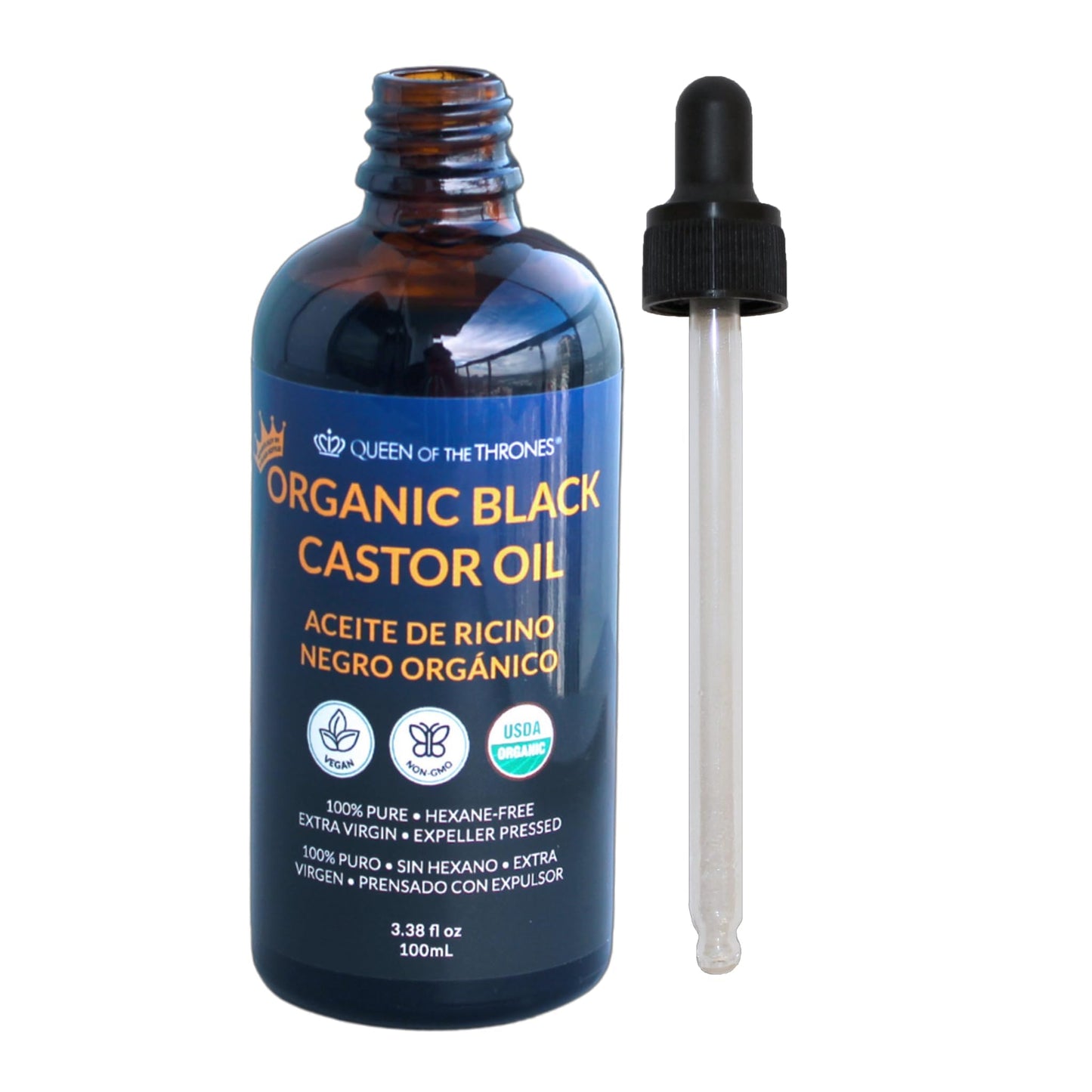 QUEEN OF THE THRONESOrganic Black Castor Oil - 100mL with Dropper| 100% Pure, Certified Organic, Hexane-Free, Extra Virgin | Moi
