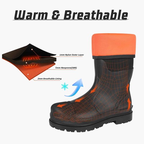 Rubber Work Boots with Steel Shank, Men's Waterproof Rain Boots Anti-slip, 5mm Neoprene Insulated Outdoor Hunting Boots, Durable All Season Knee Boots for Farming Construction Gardening Size 6-21