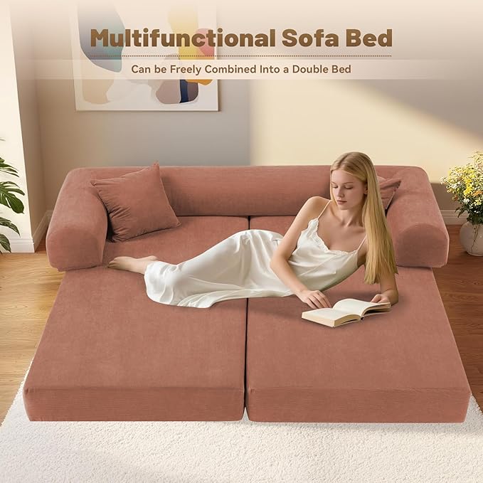 GJQ Convertible Futon Sofa Bed,80" Folding Pull Out Couch Bed with Storage,Queen Sleeper Sofa Bed,Compressed Couch in a Box,Corduroy Boneless Couches for Living Room,Pink