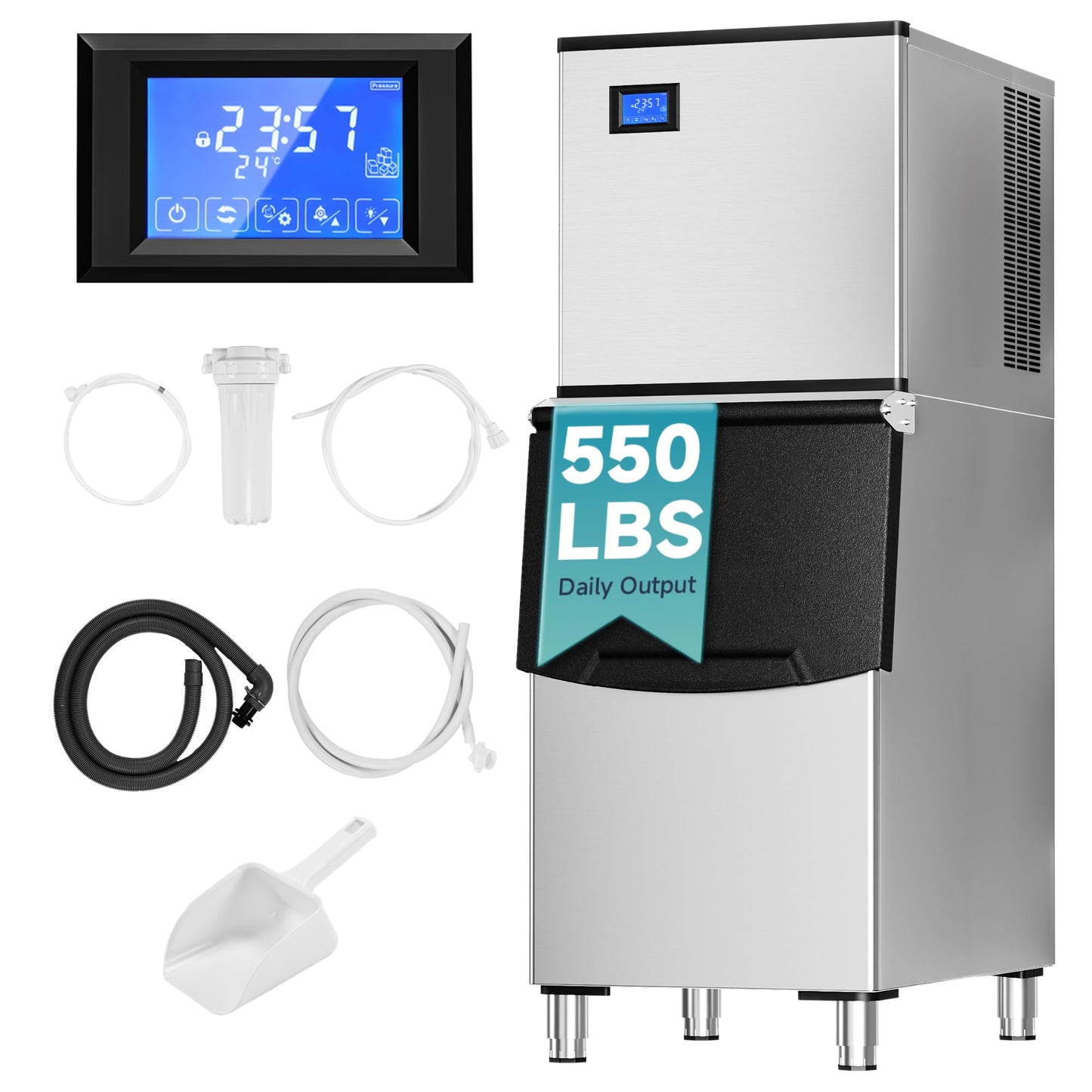 EUHOMY Commercial Ice Maker Machine, 550 lbs/24H Industrial Ice Machine with 300 lbs Storage Bin, SECOP Compressor, ETL Certified Stainless Steel Ice Maker for Bar, Cafe & Restaurant