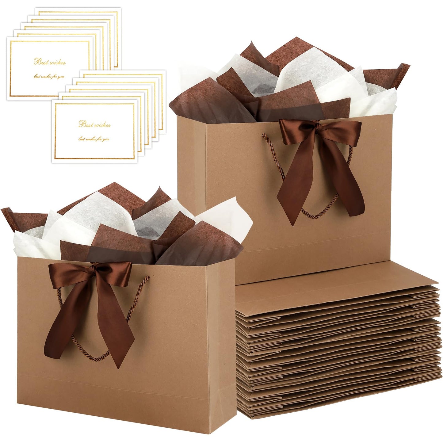 Brown Gift Bags with Handles and Ribbons - 10Pcs Gift Bag with 10 Tissue Paper 10 Greeting Cards, Welcome Gifts Thank You Bags for Birthday, Wedding, Mothers Day, Baby Shower, Bridal Shower, Party (12.6''x9.8''x4'')