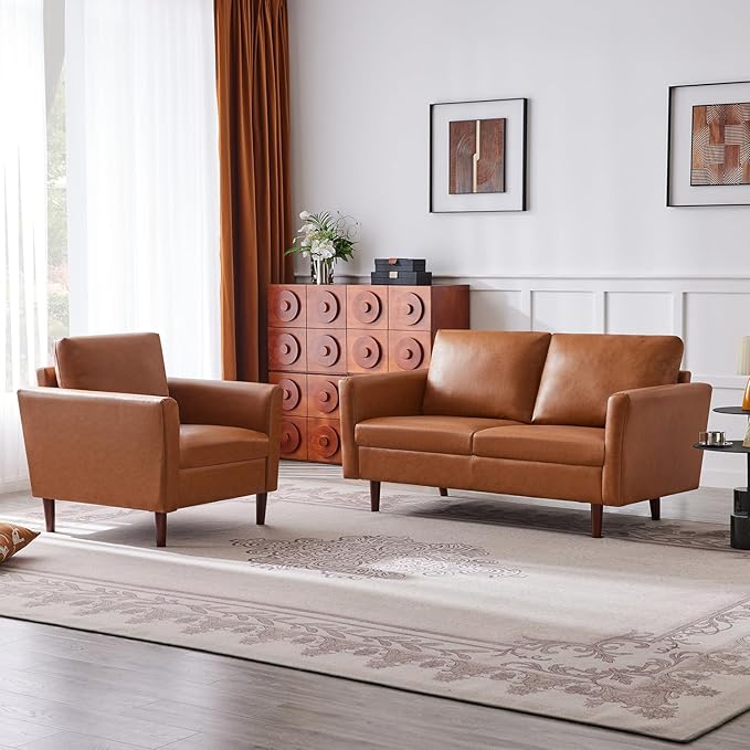 Kingfun Faux Leather 3 Seat Couch for Living Room, Mid Century Modern Sofa with Rolled Arms and Deep Seats, Fluffy Comfort for Apartment, Easy to Assemble, Mid Brown