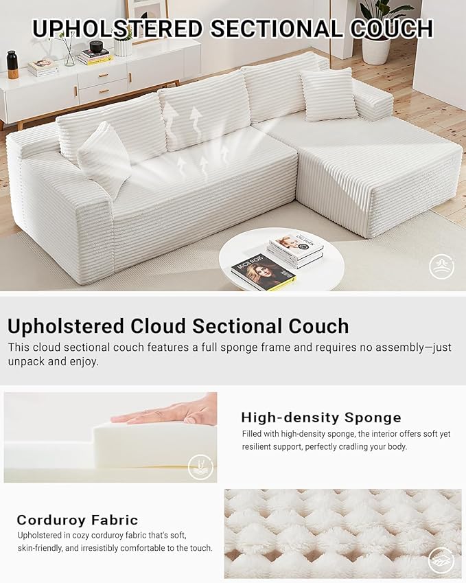 105 Inch Modular Sectional Sofa,Modern Cloud Sectional Couch with Deep Seat,Corduroy Boneless Couches with L-Shape Chaise for Living Room Bedroom,No Assembly Required (White, Right Facing Chaise)