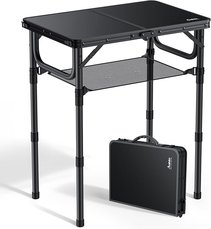 Anbte Folding Camping Table with Storage Net, Pure Black Aluminum 2ft Picnic Table 23.2" x 16" Outdoor Table Adjustable He...