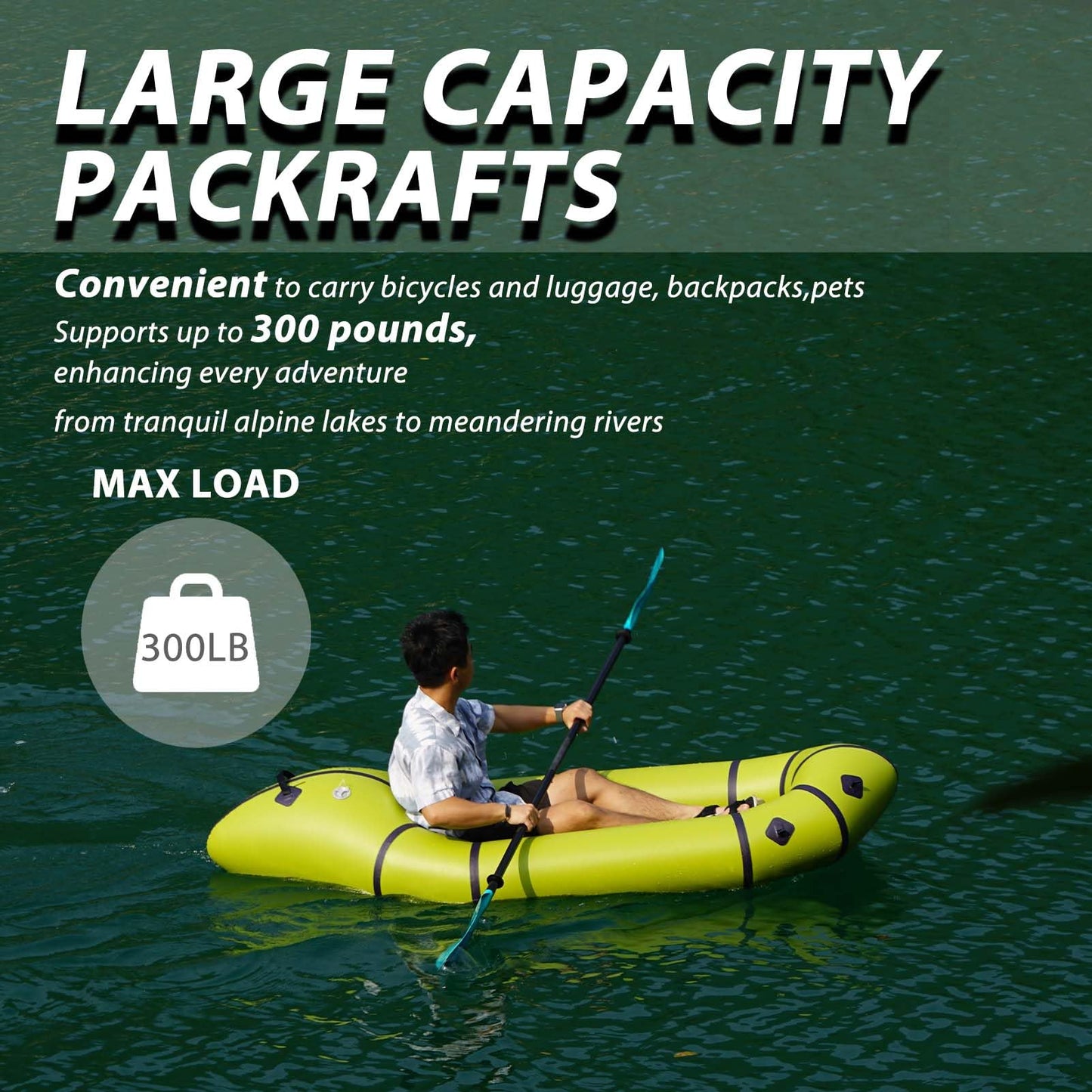 JUSTOOP PVC Packrafts,1 Person Packraft for Flat Water Rafting Camping Trip/Fishing/Water Adventures, Travel Kayak with Two-Way Manual Pump, 300lb Weight Capacity, Green