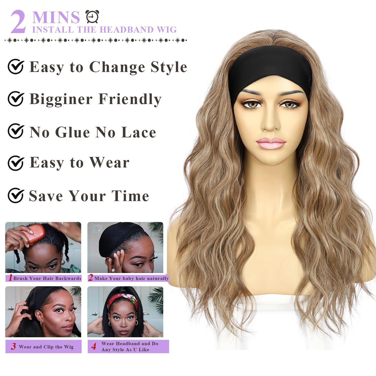 SAPPHIREWIGS Brown Headband Wigs for Women Body Wavy Headband Wigs Highlight Natural Brown Hair Put On and Go Glueless Half Wig