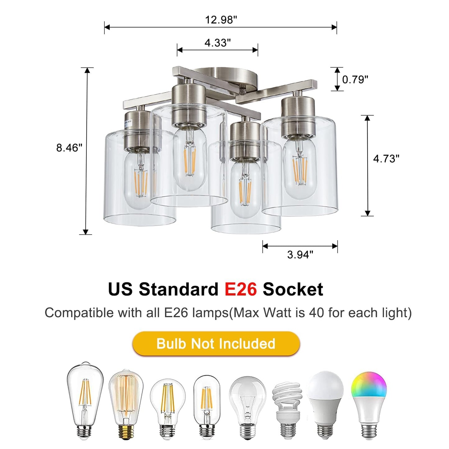 DIDUIO Semi Flush Mount Ceiling Light Kitchen Lighting Fixtures Ceiling Brushed Nickel Kitchen Cieling Light Fixtures with Clear Glass Shade for Dining Room Bedroom Living Room Hallway E26 Scoket