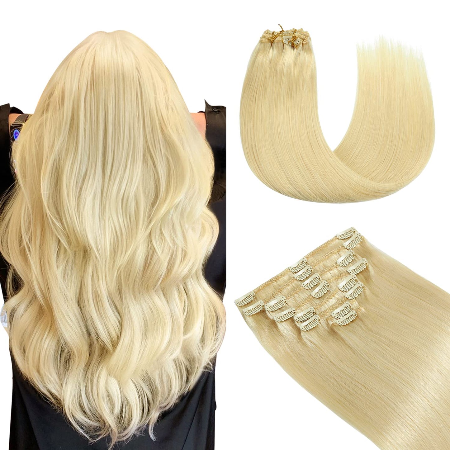 YILITE Clip-in Hair Extensions - Real Human Hair, Bleach Blonde, 110Gram, 8Pcs, 18 Clip, Full Head, Double Weft, Invisible, Stra