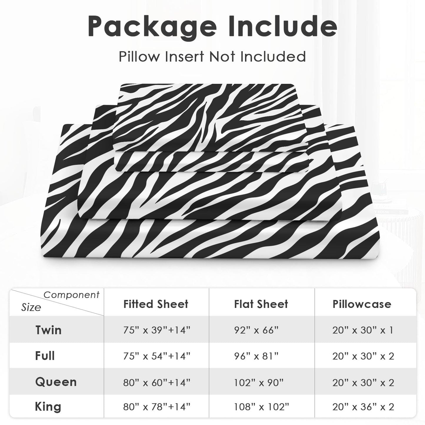 Pamnest Queen Size Bed Sheet Sets, Tiger Zebra Stripe Animal Soft Microfiber 4 Pcs Bedding Sets for Kids and Adults Bedroom Bed Decor, Black White Flat, Fitted Sheet and Pillowcases