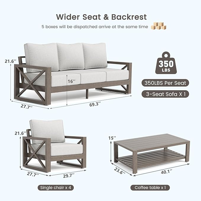 UDPATIO Aluminum Patio Furniture Set, 4 Piece Faux Wood Outdoor Patio Sets with Coffee Table, Metal Patio Furniture Set Modern Outdoor Sectional for Deck Porch Patio, Light Grey