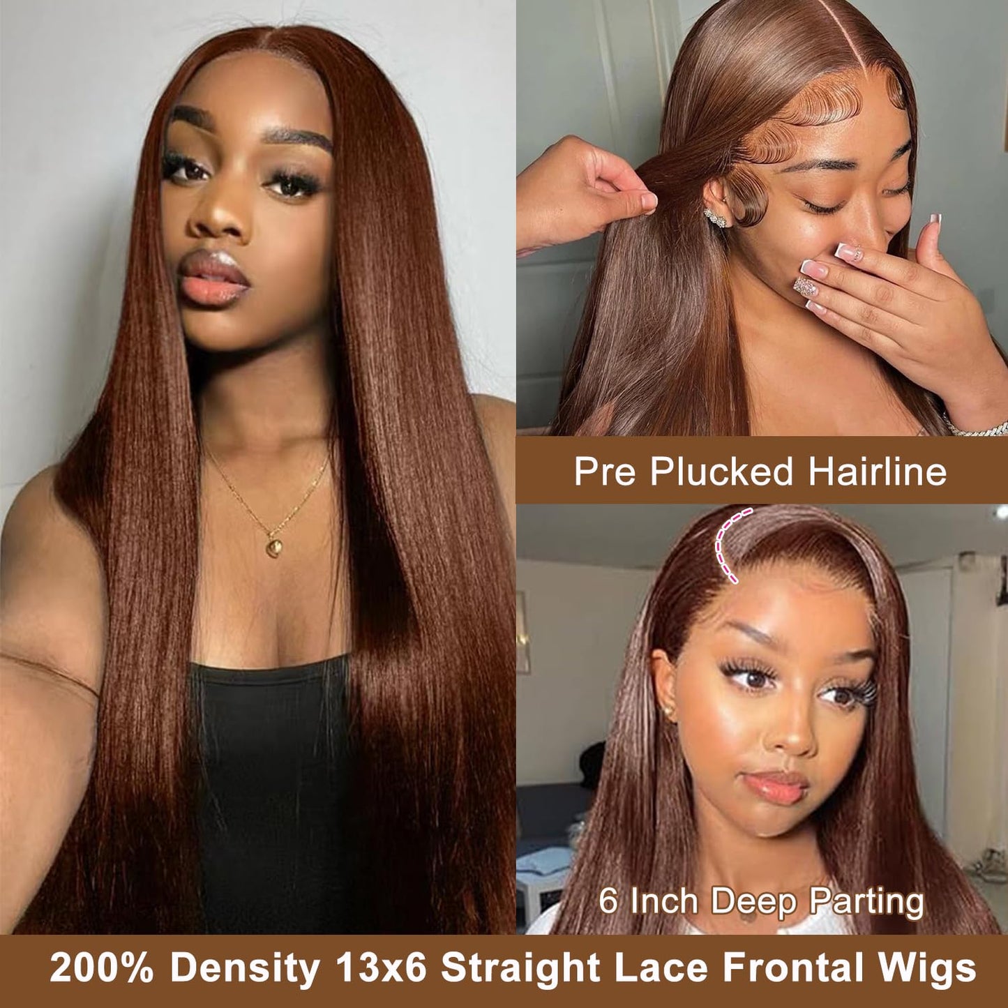 OOVVDA 32 Inch Chocolate Brown Lace Front Wigs Human Hair 13x6 Colored 4# Straight Lace Front Wigs Human Hair Pre Plucked 200% D