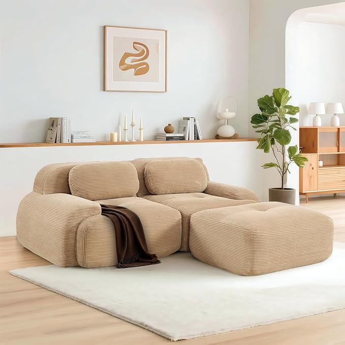 SoarFlash 81” Sectional Cloud Boneless Sofa Couches for Living Room-2 Seater L-Shaped Modern Lounge Couch-No Assembly Modular Corduroy Convertible Sponge Sleeper Sofas with Chaise for Home House,Camel