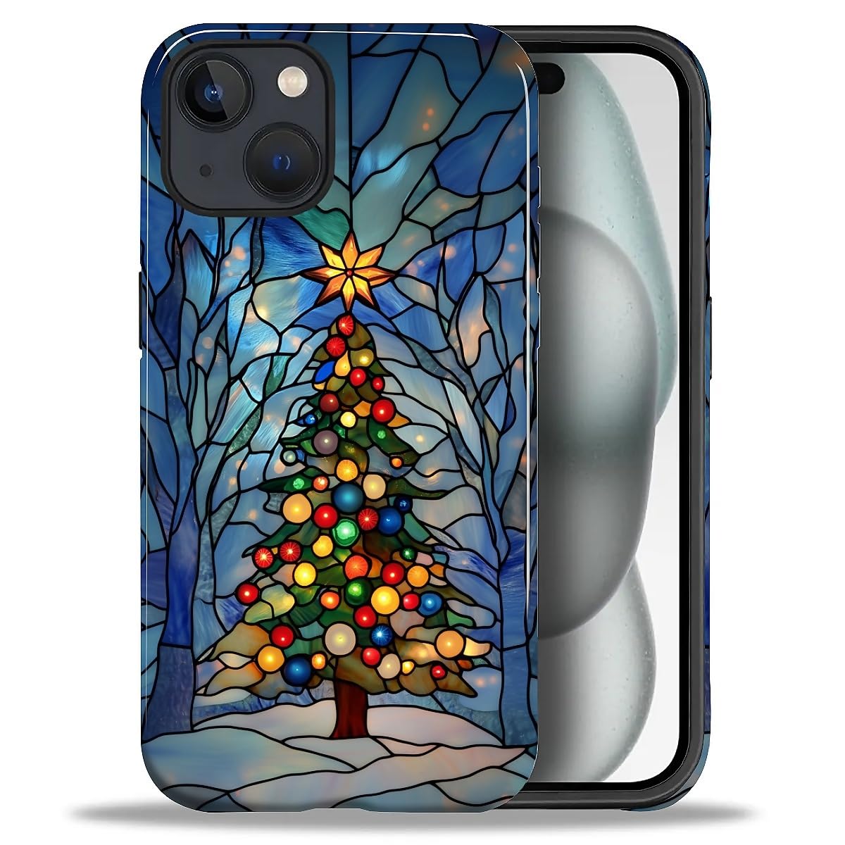 SKAMIX Case for iPhone 15,Drop Protection Hybrid 2-Layer Hard Phone Cover-Stained Glass Winter Christmas Tree