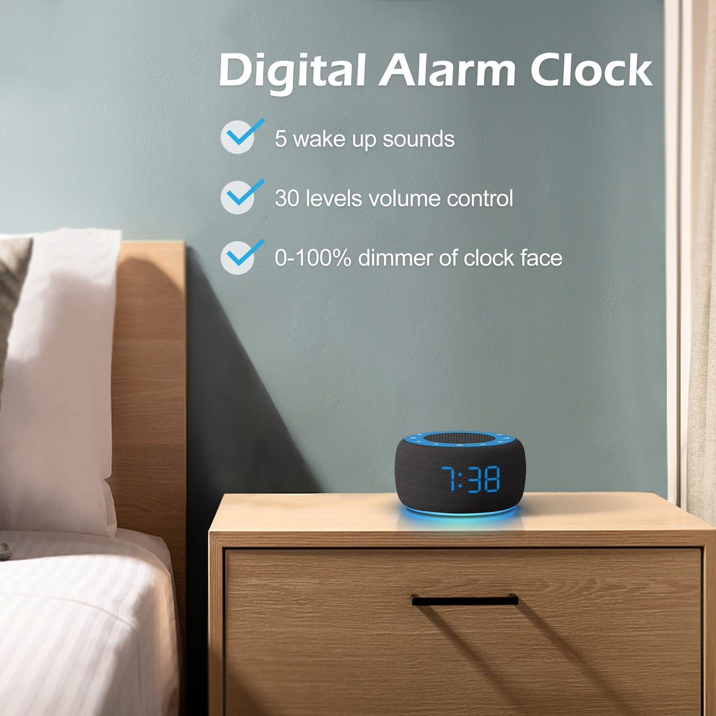 Buffbee Sound Machine & Alarm Clock 2-in-1, 0-100% Clock Face Brightness, Bottom Colored Light, Sleep Timer, Precise 30-Level Volume Control White Noise Machines