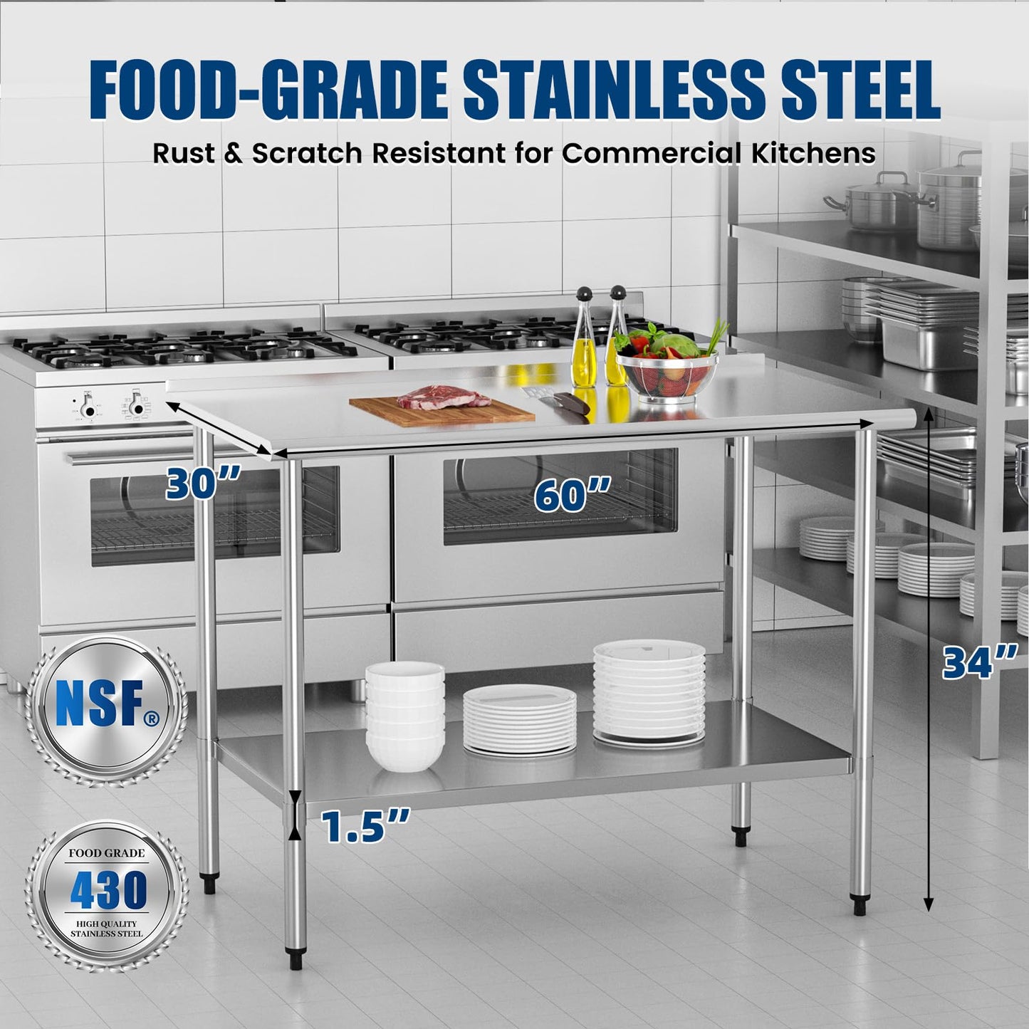 Chingoo Stainless Steel Work Table 30x60 Inch with Adjustable Undershelf & Backsplash, Heavy-Duty Prep Table for Commercial Kitchen, Restaurant, Garage, Outdoor