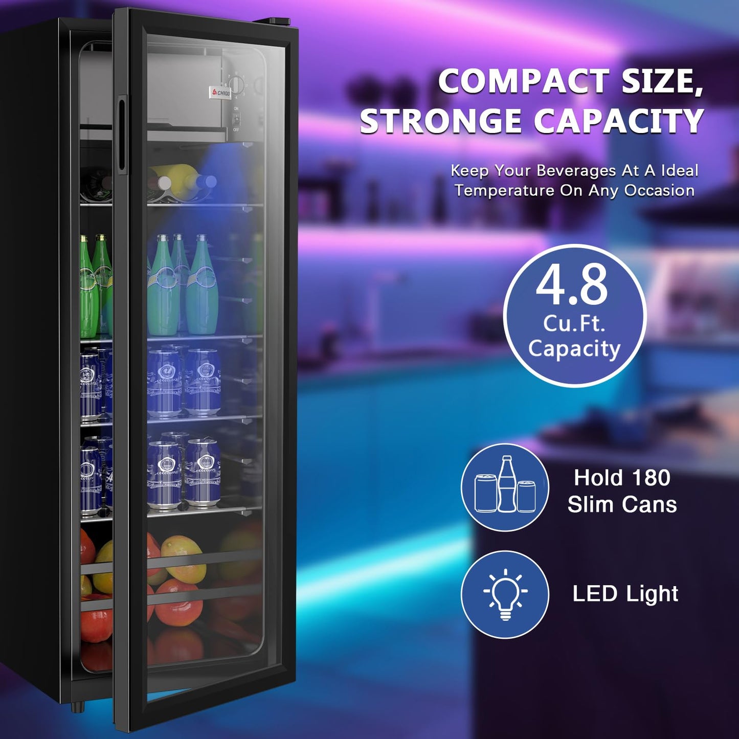 Borcolo Beverage Refrigerator, 180 Can Mini Fridge Glass Door for Soda, Beer or Wine with LED Light, Temperature Control, Compact Mini Bar Adjustable Removable Shelves for Home/Office 4.8 Cu.Ft