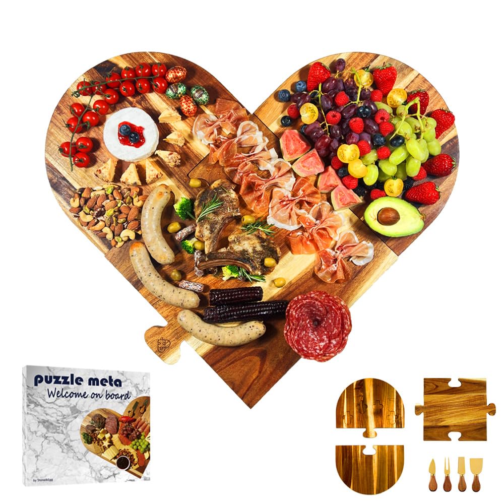 Large Charcuterie Board Set - 3 Pieces with Knife Set, Premium Acacia Wood Cheese Boards, Heart Shaped Serving Tray with Gift Box, House Warming Gifts New Home, Wedding & Bridal Shower Gift