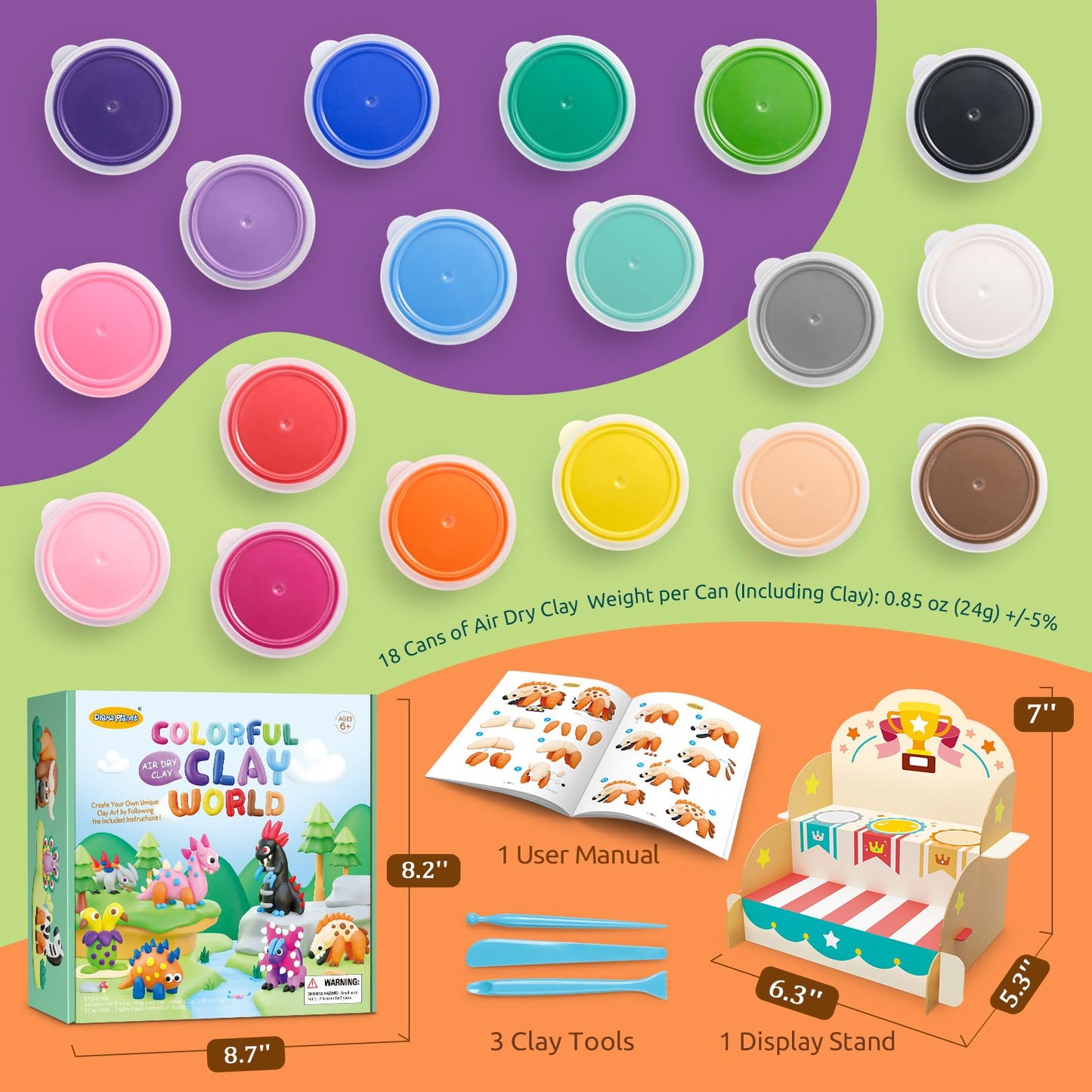 Drama Planet Air Dry Clay Kit for Kids - 18 Cans of Modeling Clay, 46-Page Guidebook with 26 Character Tutorials, Great Gift for Boys & Girls