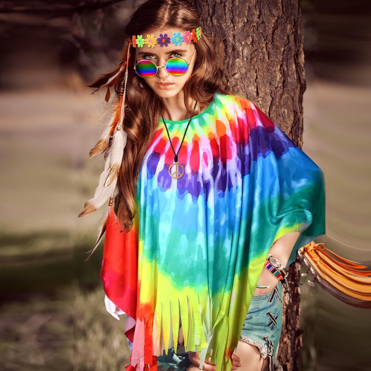 Hicarer 7 Pcs 60s 70s Hippie Costume Accessories Set Women Tie Dye Poncho Tassel Fringe Boot Covers Headband Bracelet Sunglasses Peace Sign Earring Necklace Outfits for Halloween (Hicarer-CKJO013)