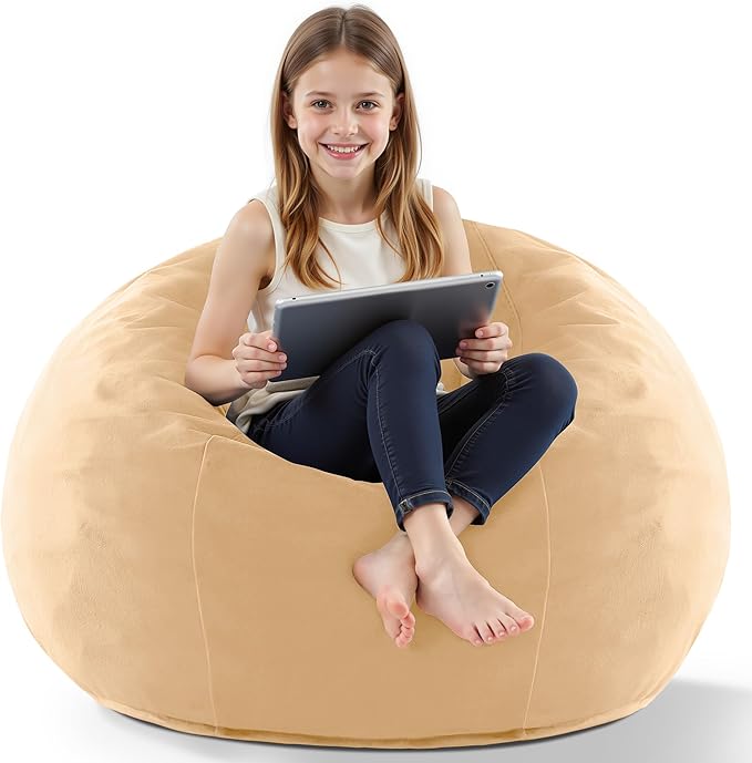 HABUTWAY 2FT Bean Bag Chair, 2' Beanbags Small Bean Bag Chairs with Filling, Teardrop Bean Bag Chair Luxurious Velvet Ultra Soft Fur with Removable Cover(Khaki)