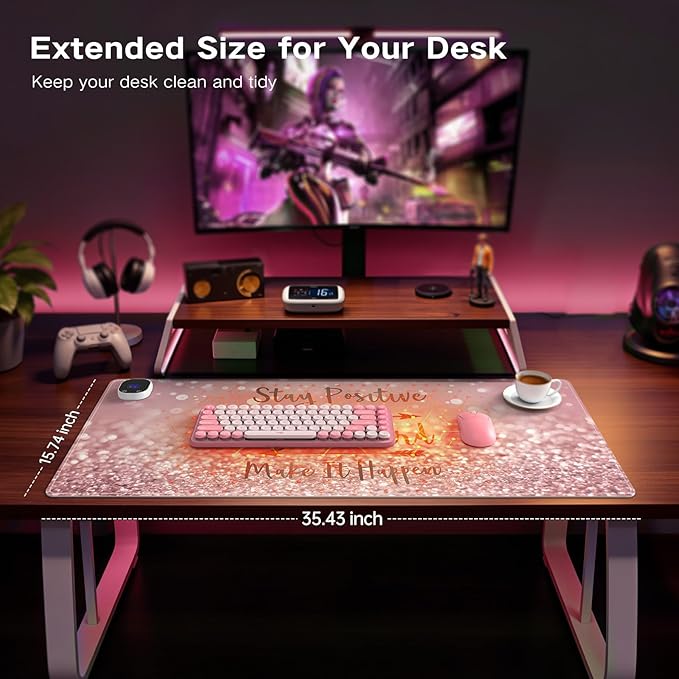 iCasso Heated Mouse Pad Hand Warmer, XXL Heated Desk Pad, Pink Mouse Pad, 35.4" x 15.7" Warm Desk Mat with 4 Heating Levels for Computer Keyboard, Large Mousepad for Home Office Work