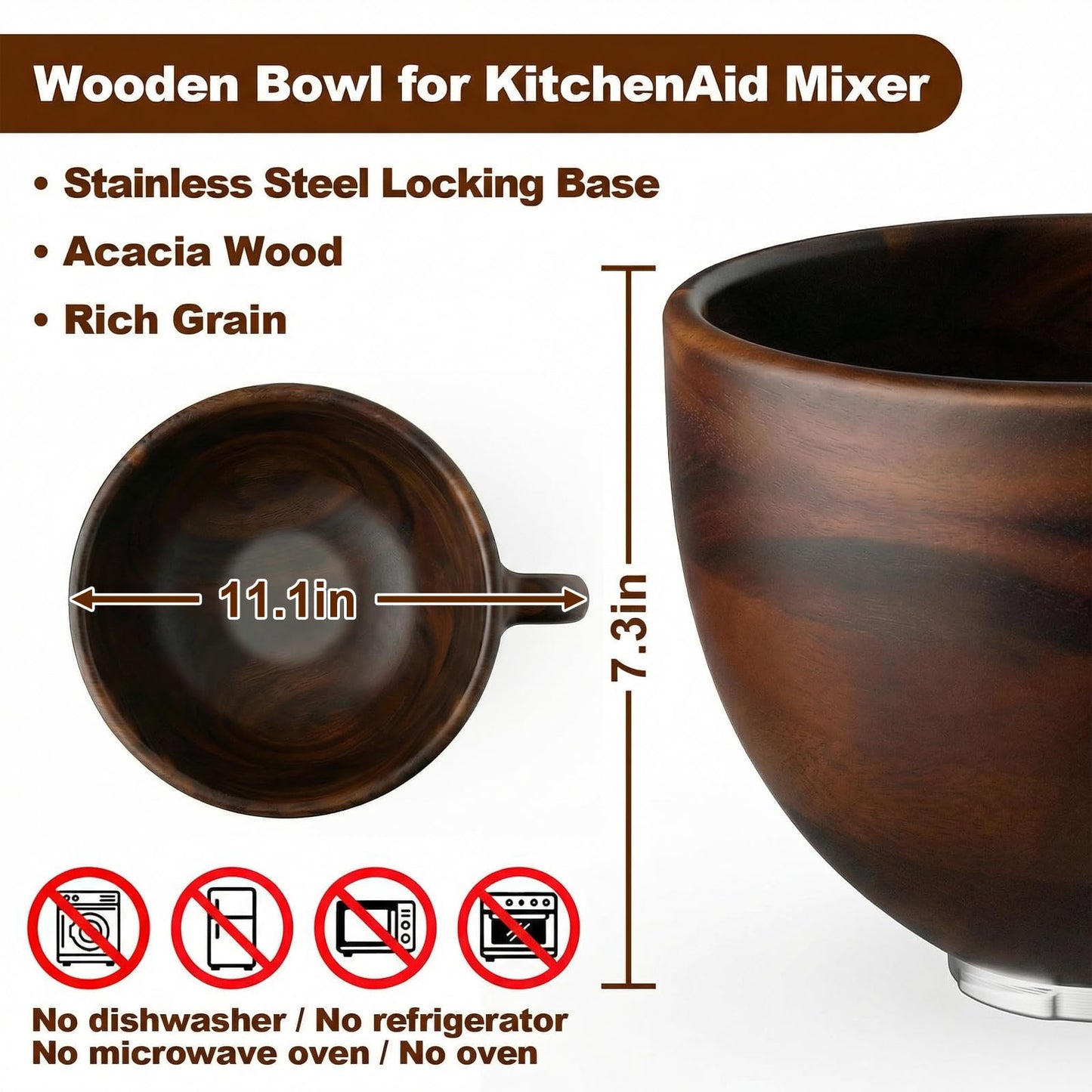 Cofun Premium Wood Mixing Bowl, Compatible with 4.5-5 Qt Tilt-Head Stand Mixers, Natural True Wooden Bowls, 5 Qt Wooden Bowl for KitchenAid with Stainless Steel Locking Base, Handle