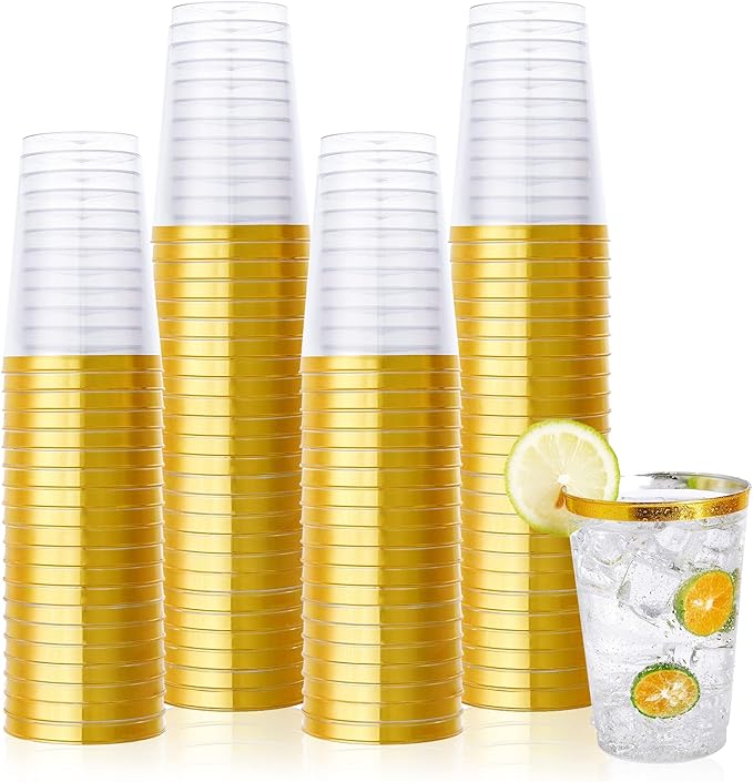 Vplus 150 Pack 12 OZ Reusable Gold Rimmed Clear Plastic Cups, Disposable Heavy Duty Plastic Cups Perfect for Party Christm...
