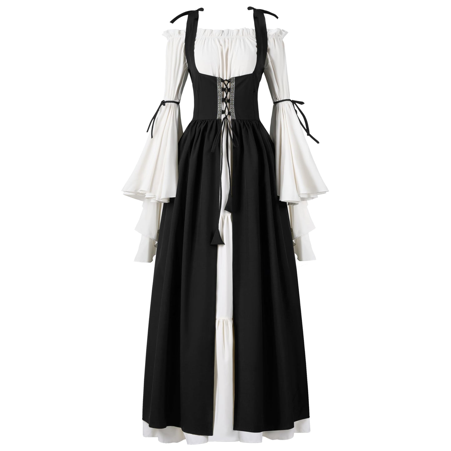 Spooktacular Creations Renaissance Costume Women, Medieval Black Chemise Ren Faire Dress Irish Overdress, Renaissance Corset with Trumpet Sleeve for Halloween Cosplay Wedding Themed Parties-S