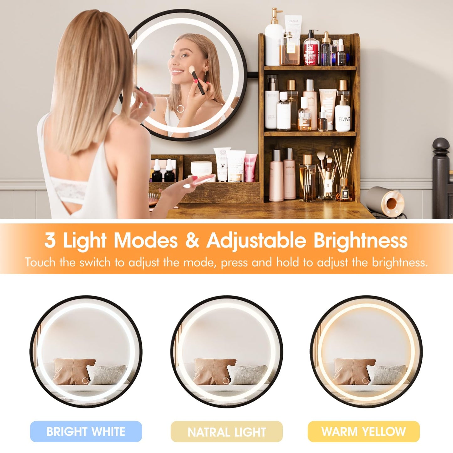 Makeup Vanity Desk with Round Mirror and Lights, White Vanity Makeup Table with 2 Drawers, Small Vanity Table for Bedroom with Lots Storage (Brown and Black, 15.75 * 31.5 * 53.6in)